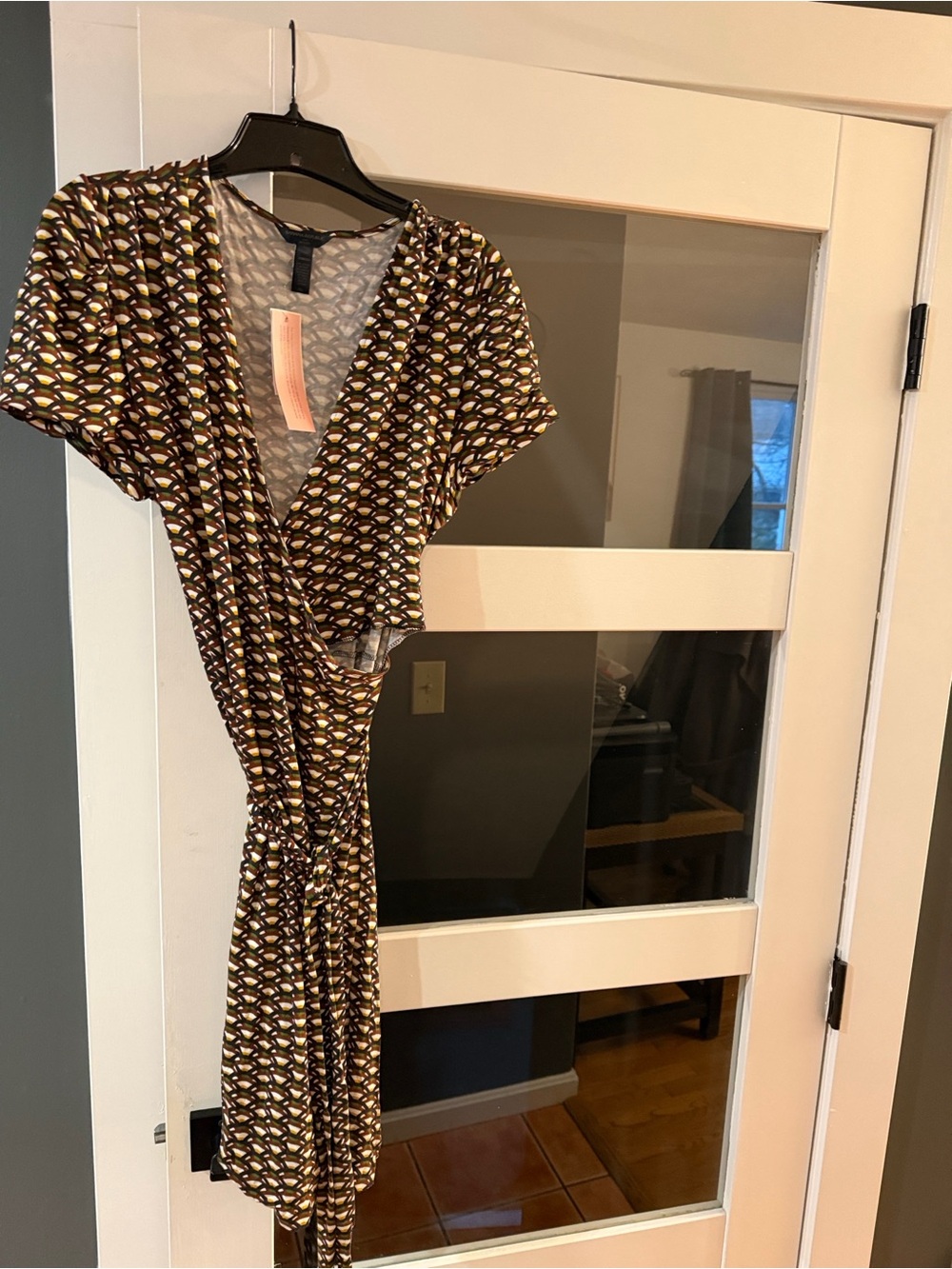 Banana Republic Geometric Wrap Dress in Olive, Black, and Cream
